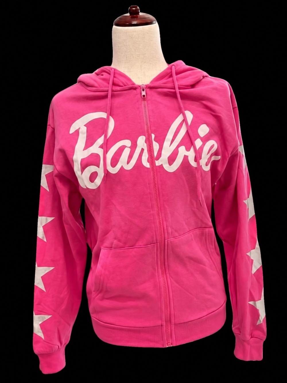 💖 Barbie Pink Graphic Zip-Up Hoodie Jacket Star Sleeves Medium NWT